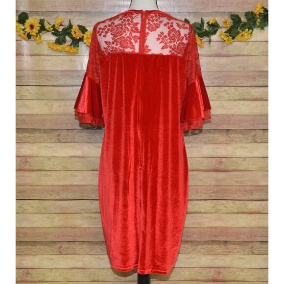 C.O.C. Red Velvet Midi Sheath Dress Plus Size 3X Floral Lace Short Bell Sleeve - Picture 6 of 11